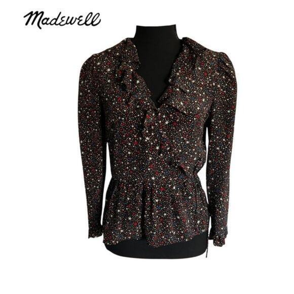 Madewell 100% Silk Ruffle-Hem Wrap Long Sleeve Top in Starry Night xs - Picture 1 of 10